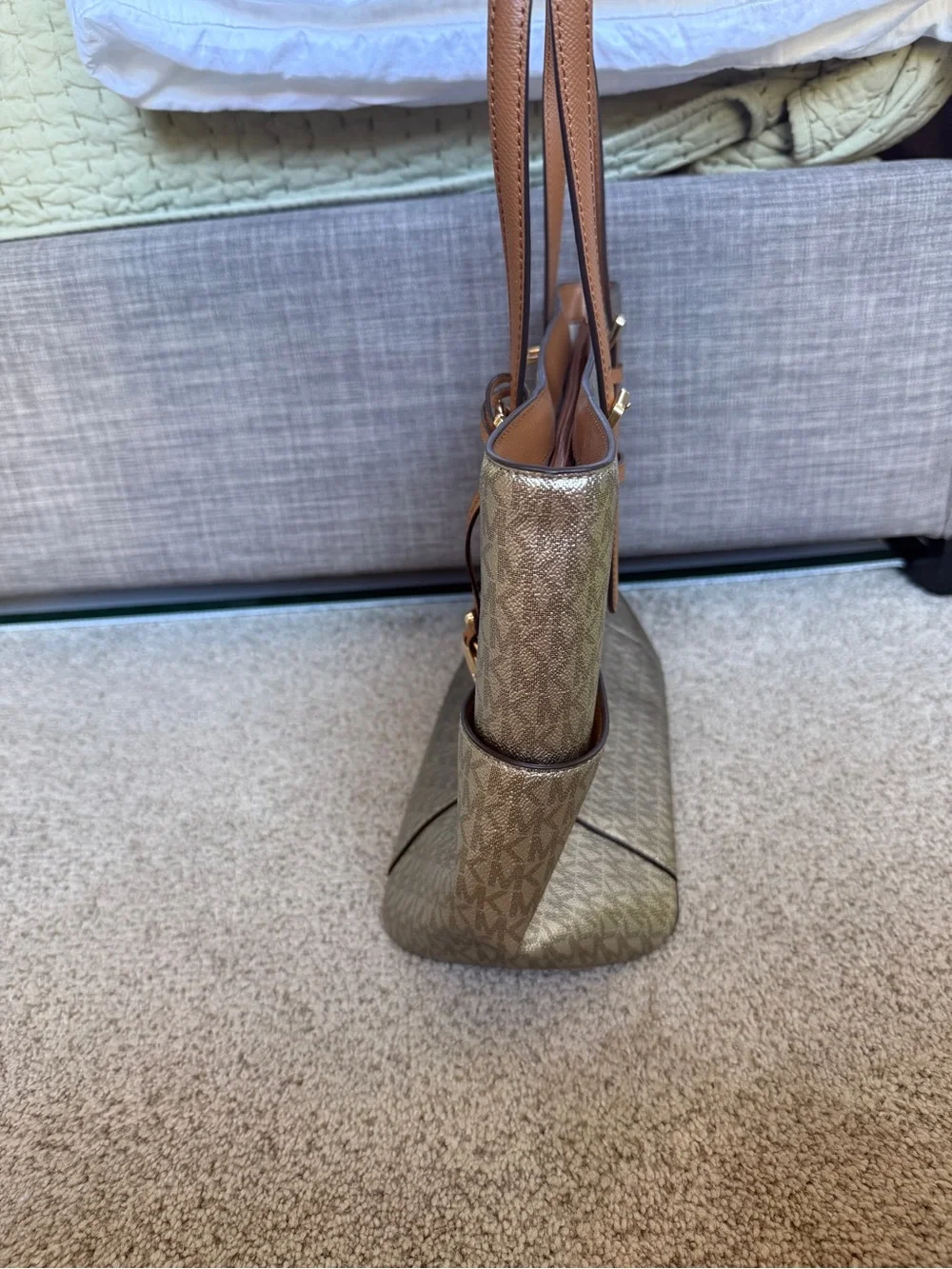 Michael Kors Metallic Gold Champagne Silver Logo Tote with Tan Straps